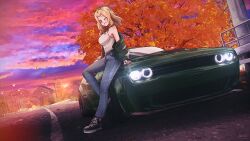 Rule 34 | 1girl, absurdres, autumn, blonde hair, blush, breasts, car, denim, dodge challenger, girls und panzer, green car, highres, jeans, kay (girls und panzer), large breasts, laughing, long hair, looking at viewer, mizzterbii, motor vehicle, one eye closed, outdoors, pants, road, solo, tank top, white tank top