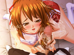 Rule 34 | 1girl, ase nure shoujo misaki, bare arms, bare shoulders, blush, breast press, breasts, censored, covered erect nipples, erection, fang, from above, game cg, hairjob, censored, hetero, large breasts, looking at penis, medium breasts, mosaic censoring, nikusho, no shoes, orange hair, over-dose (company), overdose (company), penis, penis out, pov, red shorts, satou misaki, shorts, socks, solo focus, sweat, nervous sweating, tearing up