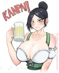 Rule 34 | 2020, alcohol, beer, bijin onna joushi takizawa-san, black hair, breasts, brown eyes, cleavage, collarbone, corset, dated, earrings, frilled sleeves, frills, german clothes, gold necklace, hair bun, highres, jewelry, large breasts, mole, necklace, shirt, single hair bun, smile, solo, takizawa kyouko, vittoriogiorgi, white shirt