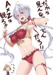 Rule 34 | 10s, 2girls, ahoge, antenna hair, arms at sides, bare shoulders, bikini, blue one-piece swimsuit, blush, bow, breasts, brown hair, commentary request, competition school swimsuit, frilled bikini, frilled shirt collar, frills, from side, front-tie bikini top, front-tie top, hair between eyes, hair ornament, hair scrunchie, large breasts, leg ribbon, long hair, looking at viewer, messy hair, multiple girls, navel, one-piece swimsuit, open mouth, purple eyes, red bikini, ribbon, school swimsuit, scowl, scrunchie, senki zesshou symphogear, short hair, silver hair, simple background, standing, sweat, swimsuit, tachibana hibiki (symphogear), teeth, text focus, thigh ribbon, thigh strap, thighs, tobisawa, tongue, translation request, twintails, very long hair, white background, yukine chris