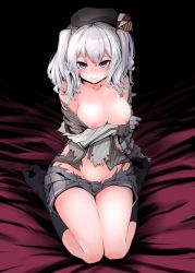 Rule 34 | 10s, 1girl, blush, breasts, epaulettes, gloves, hakano shinshi, hat, kantai collection, kashima (kancolle), large breasts, looking at viewer, military, military uniform, nipples, purple eyes, silver hair, skirt, solo, torn clothes, twintails, uniform