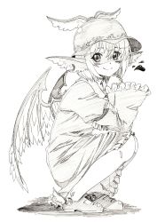 Rule 34 | 1girl, animal ears, bird ears, blush, commentary request, dress, earrings, fang, fang out, from side, greyscale, hair between eyes, hat, heart, highres, jewelry, long sleeves, looking at viewer, looking to the side, makicha (sasurainopink), monochrome, mystia lorelei, one-hour drawing challenge, shoes, simple background, smile, solo, squatting, touhou, white background, wide sleeves, wings