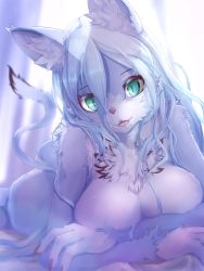 Rule 34 | 1girl, :3, animal ear fluff, animal ears, animal nose, aqua eyes, backlighting, blue fur, blue hair, blurry, body fur, cat ears, cat girl, cat tail, claws, completely nude, crossed arms, depth of field, fangs, female focus, furry, furry female, hair between eyes, happy, head tilt, indoors, long hair, looking at viewer, lying, monochrome, nude, oinari sanda, on bed, on stomach, open mouth, original, sidelocks, slit pupils, smile, solo, tail, tail raised, two-tone fur, white fur