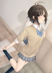 Rule 34 | 1girl, adjusting footwear, antenna hair, bad id, bad pixiv id, bag, black hair, black socks, blue bow, blue eyes, blue neckwear, blurry, blurry background, blush, bow, brown sweater, commentary, dress shirt, entrance, from above, from side, grey shirt, grey skirt, highres, idolmaster, idolmaster (classic), kikuchi makoto, looking at viewer, looking to the side, parted lips, pink footwear, pleated skirt, powerful sangyou haikibutsu, school bag, school uniform, shirt, shoes, short hair, skirt, sneakers, socks, solo, standing, standing on one leg, sweater, teeth, upper teeth only, white shirt