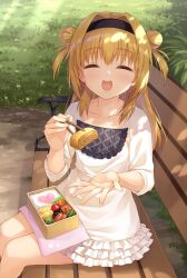 Rule 34 | 1girl, :d, ^ ^, alternate costume, bench, bento, blonde hair, blush, breasts, casual, chitose sana, chopsticks, cleavage cutout, closed eyes, clothing cutout, cofetaru, collarbone, commentary, dappled sunlight, day, double bun, dress, facing viewer, feet out of frame, fingernails, foreshortening, frilled dress, frills, grass, hair between eyes, hair bun, hair intakes, happy, heart, highres, holding, holding chopsticks, incoming food, long hair, long sleeves, on bench, open hand, open mouth, outdoors, park, park bench, perspective, pov, reaching, reaching towards viewer, short dress, sidelocks, sitting, small breasts, smile, solo, sunlight, teeth, tenshinranman, two side up, upper teeth only, white dress
