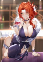Rule 34 | 1girl, absurdres, bare shoulders, blurry, blurry background, breasts, butterfly hair ornament, choker, cleavage, closed mouth, collarbone, cup, dress, drinking glass, fur, hair ornament, hairclip, halterneck, high heels, highres, holding, holding cup, honkai (series), honkai impact 3rd, huge filesize, jewelry, large breasts, light smile, long hair, looking at viewer, mo ying yu, murata himeko, no panties, pouring, purple dress, purple footwear, red hair, ring, see-through, shoes, skindentation, solo, table, thigh strap, unworn shoe, unworn shoes, wine glass, wristband, yellow eyes