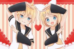 Rule 34 | 1boy, 1girl, :d, armpits, black sleeves, blonde hair, blue eyes, brother and sister, collarbone, crop top, detached sleeves, grin, hair between eyes, hair ornament, hairband, hairclip, heart arms duo, kagamine len, kagamine rin, kouzuki (reshika213), looking at viewer, midriff, neckerchief, necktie, open mouth, parted bangs, sailor collar, shirt, short hair, siblings, sleeveless, sleeveless shirt, smile, stomach, striped, striped background, sweatdrop, upper body, vocaloid, white hairband, white shirt, yellow neckerchief