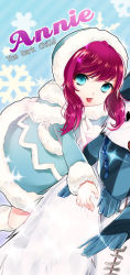 Rule 34 | 1girl, :p, alternate costume, annie (league of legends), aqua eyes, boots, character name, child, coat, diagonal stripes, english text, from side, frostfire annie, fur trim, hood, hoodie, hug, joypyonn, league of legends, long sleeves, looking at viewer, purple hair, ribbon, scarf, sidelocks, snowflakes, solo, sparkle, stitches, striped, striped background, stuffed animal, stuffed toy, teddy bear, tibbers, tongue, tongue out, vertical stripes, winter clothes, winter coat