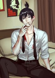Rule 34 | 1boy, bedroom, black hair, black necktie, black pants, blonde hair, blood, blood on clothes, blood on face, blood on hands, blue eyes, chainsaw, chainsaw man, cigarette, curtains, earrings, hayakawa aki, highres, jewelry, looking at viewer, mistermagnolia, movie poster, necktie, pants, partially unbuttoned, shirt tucked in, short hair, sitting, smoking, solo, stud earrings, the texas chainsaw massacre, topknot, undone necktie