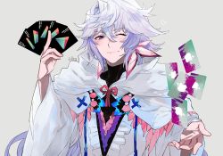 Rule 34 | 1boy, apple inc., blush, card, closed mouth, fate/grand order, fate (series), gift card, google, heart, hita (hitapita), holding, holding card, hood, hooded robe, long hair, looking at viewer, male focus, merlin (fate/stay night), one eye closed, purple eyes, robe, simple background, smile, solo, upper body, white hair
