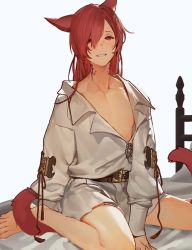 Rule 34 | 1boy, :d, animal ears, arm at side, barefoot, bed, belt, between legs, blush, cat ears, coat, collarbone, facial mark, feet out of frame, ffxivys, final fantasy, final fantasy xiv, g&#039;raha tia, hair between eyes, hair ornament, hairclip, half-closed eyes, hand between legs, long hair, long sleeves, looking at viewer, male focus, miqo&#039;te, neck tattoo, no pants, nose blush, on bed, open mouth, oversized clothes, pectorals, puffy short sleeves, puffy sleeves, red eyes, red hair, short sleeves, sitting, smile, solo, string, tattoo, wariza, white background, white coat, x hair ornament