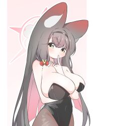Rule 34 | 1girl, animal ears, arm between breasts, arm under breasts, between breasts, black hair, black hairband, black leotard, black pantyhose, blue archive, bow, breasts, colored inner hair, detached collar, fox ears, hair bow, hairband, halo, highres, huge breasts, leotard, long hair, looking at viewer, multicolored hair, pantyhose, pink hair, playboy bunny, red bow, red halo, smsm516, solo, wakamo (blue archive), yellow eyes