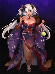 Rule 34 | blue eyes, breasts, demon girl, demon horns, horns, japanese clothes, kimono, large breasts, qtenka, tenkafuma