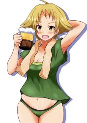 Rule 34 | 1girl, alcohol, arm behind head, arm up, beer, beer mug, blonde hair, breasts, brown eyes, cleavage, cowboy shot, crotch seam, cup, erwin (girls und panzer), girls und panzer, green panties, green shirt, groin, highres, holding, holding cup, looking at viewer, medium breasts, meiya, mug, navel, no pants, open mouth, panties, pointy hair, shadow, shirt, short hair, short sleeves, simple background, smile, solo, standing, t-shirt, thigh gap, towel, towel around neck, underwear, white background