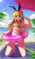 Rule 34 | 1girl, :o, arm up, bare arms, bare legs, bare shoulders, barefoot, beach, beach towel, beach umbrella, bikini, black hairband, black ribbon, blonde hair, blue sky, blush, breasts, brown eyes, cloud, collarbone, contrail, day, food, full body, green bikini, hair ribbon, hairband, holding, holding food, horizon, innertube, kantai collection, kneeling, looking at viewer, navel, nose blush, ocean, open mouth, outdoors, popsicle, ribbon, shimakaze (kancolle), sky, small breasts, solo, stomach, swim ring, swimsuit, towel, transparent, umbrella, zqzqy
