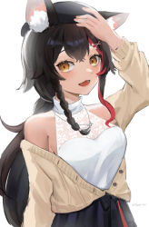 Rule 34 | 1girl, absurdres, animal ear fluff, animal ears, artist name, beret, black hair, black hat, black skirt, braid, brown cardigan, cardigan, commentary request, fang, gurina, hair between eyes, hair ornament, hairclip, halterneck, hand on headwear, hat, highres, hololive, long hair, long sleeves, looking at viewer, multicolored hair, ookami mio, open cardigan, open clothes, open mouth, red hair, shirt, simple background, single braid, skirt, sleeveless, sleeveless shirt, solo, streaked hair, unbuttoned, virtual youtuber, white background, white shirt, wolf ears, wolf girl, yellow eyes