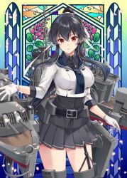 Rule 34 | 1girl, belt, black belt, black hair, black shirt, black skirt, blue sailor collar, breasts, cherry blossoms, gloves, hair between eyes, ichinomiya (blantte), kantai collection, large breasts, long hair, looking at viewer, parted lips, petals, pleated skirt, ponytail, red eyes, rigging, sailor collar, shirt, sidelocks, skirt, solo, stained glass, white gloves, yahagi (kancolle), yahagi kai ni (kancolle)