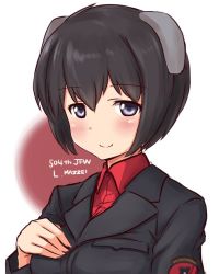 Rule 34 | 1girl, a9b (louis814), animal ears, black hair, blush, breasts, character name, hand on own chest, looking at viewer, luciana mazzei, military, military uniform, purple eyes, short hair, smile, solo, strike witches, strike witches: kurenai no majo-tachi, uniform, upper body, world witches series