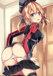 Rule 34 | 10s, 1girl, anchor hair ornament, aqua eyes, ass, black ribbon, black skirt, black thighhighs, blonde hair, blush, butt crack, clothes pull, commentary request, cross, from behind, hair ornament, hat, highres, iron cross, kantai collection, long hair, looking at viewer, looking back, low twintails, md5 mismatch, microskirt, military, military hat, military uniform, open mouth, panties, panty pull, peaked cap, pleated skirt, prinz eugen (kancolle), resolution mismatch, ribbon, skirt, skirt pull, solo, source smaller, sweat, thighhighs, twintails, unacchi (nyusankin), underwear, undressing, uniform, white panties