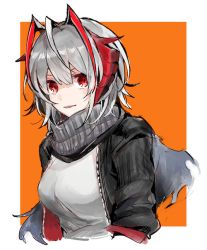 Rule 34 | 1girl, antenna hair, arknights, black jacket, hair between eyes, horns, jacket, open mouth, red eyes, scarf, shirt, smile, solo, umesasami, w (arknights), white background, white hair, white shirt