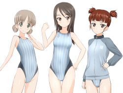 Rule 34 | 10s, 3girls, aki (girls und panzer), bad id, bad pixiv id, bare arms, bare shoulders, blush, brown eyes, brown hair, clenched hand, collarbone, competition swimsuit, female focus, flat chest, girls und panzer, green eyes, hand on own hip, jacket, long hair, looking at viewer, mika (girls und panzer), mikko (girls und panzer), multiple girls, narrow waist, one-piece swimsuit, parted lips, raglan sleeves, simple background, smile, standing, striped clothes, striped one-piece swimsuit, swimsuit, swimsuit under clothes, takafumi, thigh gap, track jacket, two side up, white background, zipper