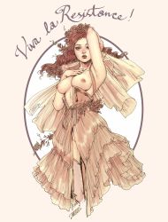 Rule 34 | 1girl, arm up, armpits, breasts, brown hair, cropped legs, dress, feet out of frame, flower, french text, hand on own chest, highres, jasmin darnell, large breasts, long hair, looking at viewer, monochrome, nipples, original, parted lips, solo