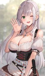 Rule 34 | 1girl, ;d, blush, breasts, cleavage, commentary request, corset, flower, green eyes, hair flower, hair ornament, hand up, highres, hololive, jewelry, large breasts, long hair, looking at viewer, necklace, official alternate costume, one eye closed, open mouth, shirogane noel, shirogane noel (dirndl), smile, snowflake necklace, solo, teeth, upper teeth only, virtual youtuber, watao, white hair