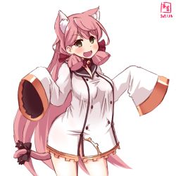 Rule 34 | 1girl, akashi (azur lane), akashi (azur lane) (cosplay), akashi (kancolle), alternate costume, animal ears, artist logo, azur lane, black bow, blush, bow, breasts, cat ears, cat tail, choker, commentary request, cosplay, cowboy shot, dated, dress, green eyes, hair between eyes, hair ribbon, highres, historical name connection, kanon (kurogane knights), kantai collection, large breasts, long hair, long sleeves, looking at viewer, name connection, open mouth, pink hair, revision, ribbon, ribbon choker, sailor dress, screwdriver, signature, simple background, sleeves past fingers, sleeves past wrists, solo, tail, tail ornament, tail ribbon, tress ribbon, white background, white dress