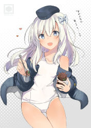 Rule 34 | 1girl, absurdres, bad id, bad twitter id, blue eyes, blush, breasts, commentary request, covered navel, food, fujiyama ichiha, garrison cap, hat, heart, highres, holding, holding food, holding spoon, ice cream, jacket, kantai collection, long hair, long sleeves, looking at viewer, one-piece swimsuit, open mouth, simple background, smile, soft serve, solo, spoon, swimsuit, swimsuit under clothes, twitter username, u-511 (kancolle), white hair, white one-piece swimsuit