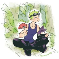Rule 34 | 1boy, armband, artist name, bento, black pants, blush, boots, chewing, collarbone, commentary, crossed legs, eating, fork, goggles, goggles on head, green hair, holding, holding fork, jungle, lobster, looking to the side, male focus, mitsubachi koucha, muscular, muscular male, nature, nose blush, one piece, pants, roronoa zoro, short hair, sitting, tank top, tree, v-shaped eyebrows