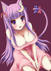 Rule 34 | 1girl, animal ears, bad id, bad pixiv id, bare shoulders, blush, breasts, cat ears, cat tail, cleavage, crescent, crescent hair ornament, hair ornament, highres, large breasts, long hair, md5 mismatch, morita, morita (moritania), patchouli knowledge, purple eyes, purple hair, resolution mismatch, ribbon, solo, tail, touhou