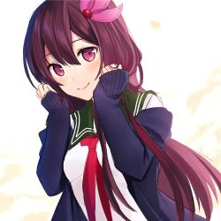 Rule 34 | 1girl, bad id, bad twitter id, brown hair, commentary request, crescent, crescent pin, green sailor collar, hair ornament, jacket, kantai collection, kisaragi (kancolle), kisaragi kai ni (kancolle), long hair, looking at viewer, neckerchief, pink eyes, red neckerchief, sailor collar, simple background, smile, solo, upper body, white background, yunamaro