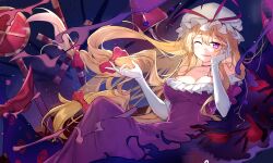 Rule 34 | 1girl, absurdres, blonde hair, breasts, cleavage, closed eyes, collarbone, diving penguin, dress, elbow gloves, gloves, hair between eyes, hat, hat ribbon, highres, large breasts, long hair, mob cap, one eye closed, open mouth, purple dress, red ribbon, ribbon, road sign, short sleeves, sign, solo, stop sign, touhou, white gloves, white hat, yakumo yukari, yellow eyes