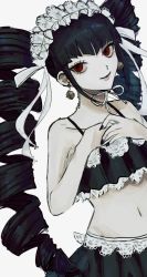 Rule 34 | 1girl, bare shoulders, black hair, black nails, bonnet, celestia ludenberg, collarbone, commentary, danganronpa: trigger happy havoc, danganronpa (series), drill hair, earrings, frills, gothic lolita, hairband, highres, jewelry, lolita fashion, lolita hairband, long hair, looking at viewer, nail polish, navel, red eyes, sema (vivaviva 02), simple background, smile, solo, stomach, symbol-only commentary, twin drills, twintails