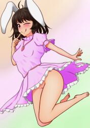 Rule 34 | 1girl, ;q, animal ears, antenna hair, bare legs, barefoot, blush, breasts, carrot necklace, dress, finger to mouth, floppy ears, frills, full body, gradient background, highres, inaba tewi, jewelry, kim0501, looking at viewer, medium breasts, medium hair, necklace, no panties, one eye closed, pendant, pink background, pink dress, puffy short sleeves, puffy sleeves, rabbit ears, short hair, short sleeves, simple background, solo, thighs, toes, tongue, tongue out, touhou