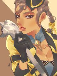 Rule 34 | 1girl, apex legends, bad id, bad pixiv id, black gloves, black hat, braid, breasts, brown eyes, brown eyeshadow, brown hair, cleavage, collarbone, gloves, gold standard loba, hair behind ear, hat, highres, holding, holding staff, jacket, licking, loba (apex legends), medium breasts, mini hat, official alternate costume, revision, solo, staff, tongue, tongue out, twin braids, ukiyo okashi, yellow jacket