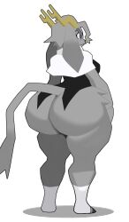 Rule 34 | 1girl, antlers, ass, blue eyes, bottomless, breasts, capelet, coat, curvy, detached leggings, eric lowery, eyebrows, eyelashes, from behind, from side, frown, furry, goat horns, goat tail, grey hair, highres, hooves, horns, huge ass, long ears, medium breasts, parody, pseudoregalia, rabbit ears, short hair, standing, style parody, sybil (pseudoregalia), tailcoat, thick eyebrows, thick thighs, thighs, white background, wide hips