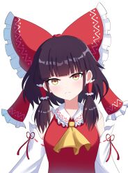 Rule 34 | 1girl, absurdres, ascot, black hair, blunt bangs, blush, bow, brown eyes, closed mouth, commentary, hair bow, hair tubes, hakurei reimu, highres, looking at viewer, medium hair, red bow, sidelocks, simple background, smug suriipi, solo, touhou, upper body, white background, yellow ascot