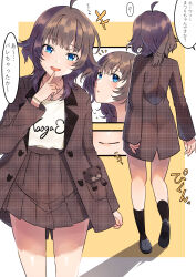 Rule 34 | 1girl, absurdres, bear necklace, blue eyes, brown hair, brown skirt, coat, cruzango0510, from behind, highres, hololive, jacket, jewelry, long sleeves, looking at viewer, medium hair, natsuiro matsuri, natsuiro matsuri (street casual), necklace, official alternate costume, official alternate hairstyle, plaid, plaid coat, plaid jacket, plaid skirt, skirt, smile, solo, speech bubble, translation request, virtual youtuber, wolf cut