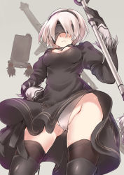Rule 34 | 1girl, ayyh, blindfold, breasts, cameltoe, cleavage cutout, clothing cutout, contrapposto, feather trim, from below, gluteal fold, groin, hand on own hip, highres, juliet sleeves, long sleeves, mole, mole under mouth, nier (series), nier:automata, panties, pantyshot, pod (nier:automata), puffy sleeves, silver hair, skindentation, standing, thighhighs, underwear, 2b (nier:automata)