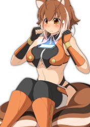 Rule 34 | 1girl, absurdres, animal ears, bare shoulders, blazblue, blush, boots, breasts, brown eyes, cellphone, closed mouth, commentary request, fingerless gloves, gloves, hair between eyes, highres, large breasts, makoto nanaya, mirano, object on breast, phone, sitting, sitting on tail, smartphone, solo, squirrel ears, squirrel girl, squirrel tail, sweatdrop, tail, thighhighs, thighhighs under boots, underboob, wavy mouth