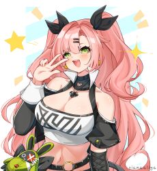 Rule 34 | 1girl, :d, absurdres, bare shoulders, black ribbon, blush, breasts, cleavage, clothing cutout, commentary, english commentary, green eyes, hair ornament, hair ribbon, hairclip, hand up, highres, large breasts, long hair, long sleeves, looking at viewer, midriff, mydeviant, navel, nicole demara, open mouth, pink hair, ribbon, shoulder cutout, smile, solo, stomach, strapless, tube top, two side up, upper body, very long hair, w, zenless zone zero