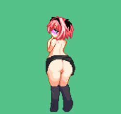 Rule 34 | 1girl, animated, animated gif, ass, ass shake, black skirt, black thighhighs, blush, damage yuka no ur de, finger to mouth, from behind, green background, looking at viewer, looking back, multicolored hair, no panties, pixel art, profile, pussy, simple background, skirt, solo, standing, thighhighs, topless, uncensored