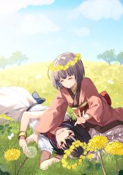 Rule 34 | 2girls, ^ ^, absurdres, ahoge, arm up, black hair, blue neckwear, blue sash, blue sky, blush, bracelet, closed eyes, cloud, collarbone, commentary request, dandelion, day, dress, facing another, fang, flower, flower wreath, grass, grin, hair intakes, highres, horns, japanese clothes, jewelry, kijin seija, kimono, leaf, light particles, long sleeves, lying, mimoto (aszxdfcv), multicolored hair, multiple girls, no headwear, on side, open mouth, outdoors, petticoat, purple hair, red eyes, red hair, red kimono, red sailor collar, sailor collar, sash, short hair, short sleeves, sitting, sky, smile, streaked hair, sukuna shinmyoumaru, touhou, tree, white dress, white hair, wide sleeves, yellow flower