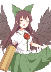 Rule 34 | 1girl, arm cannon, bird wings, black wings, blouse, blush, bow, breasts, brown hair, closed eyes, collared shirt, commentary request, control rod, cowboy shot, frilled shirt collar, frills, green bow, green skirt, hair bow, long hair, medium breasts, open mouth, puffy short sleeves, puffy sleeves, reiuji utsuho, sasaki sakiko, shirt, short sleeves, simple background, skirt, skirt hold, smile, solo, third eye, touhou, weapon, white background, white shirt, wings