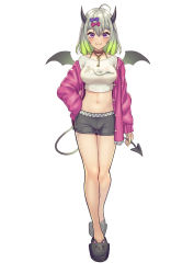 Rule 34 | 1girl, ahoge, bare legs, black choker, black shorts, bow, breasts, choker, crop top, demon girl, demon horns, demon tail, demon wings, full body, grey hair, hair bow, hand on own hip, highres, horns, jacket, large breasts, long sleeves, looking at viewer, midriff, multicolored hair, nail polish, navel, off shoulder, open clothes, open jacket, original, pink jacket, purple eyes, shirt, short hair, short shorts, shorts, simple background, slippers, smile, solo, standing, stomach, tail, thighs, two-tone hair, white background, white shirt, wings, yoruhachi