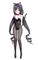 Rule 34 | 1girl, absurdres, alternate costume, animal ear fluff, animal ears, arms behind back, bad id, bad pixiv id, bare shoulders, bell, black choker, black footwear, black hair, black leotard, black pantyhose, breasts, cat ears, cat girl, cat tail, choker, cleavage, closed mouth, collarbone, covered navel, drill hair, full body, green eyes, highleg, highleg leotard, highres, jingle bell, karyl (princess connect!), kittysuit, leotard, long hair, looking at viewer, low twintails, multicolored hair, neck bell, nontraditional playboy bunny, okappa (bobbed001), pantyhose, playboy bunny, princess connect!, shiny clothes, simple background, small breasts, solo, standing, strapless, strapless leotard, streaked hair, tail, twintails, v-shaped eyebrows, very long hair, white background, white hair