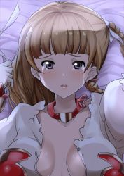 Rule 34 | 10s, 1girl, braid, breasts, collarbone, crying, crying with eyes open, dress, granblue fantasy, hair down, highres, juliet (granblue fantasy), kurosawa shouichi, light brown hair, long hair, looking at viewer, lying, medium breasts, on back, open clothes, open dress, purple eyes, single braid, solo, tears, white dress