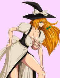 Rule 34 | 1girl, aged up, areola slip, bow, braid, breasts, cleavage, dress, green eyes, hair bow, hanging breasts, hat, hat bow, kirisame marisa, large breasts, leaning, long hair, looking at viewer, ml, nipple slip, nipples, orange hair, pink background, side ponytail, simple background, solo, touhou, witch, witch hat