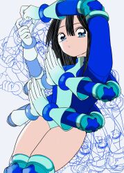 Rule 34 | 1girl, arms up, black hair, blue eyes, blue leotard, breasts, cowboy shot, extra arms, gloves, hair between eyes, heart, heart hands, highres, leotard, long hair, long sleeves, looking at viewer, original, own hands together, palms together, parted lips, small breasts, solo, star (symbol), straight hair, thighs, urokogaran, white gloves